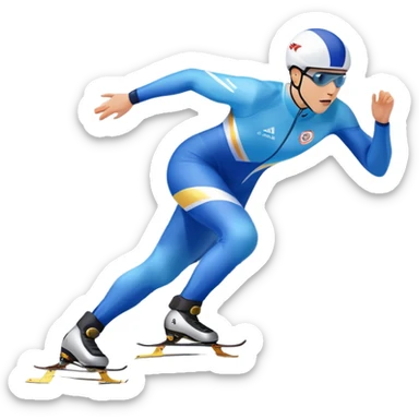 An icon showing a speed skater gliding on a professional oval ice track, captured in mid-motion with aerodynamic posture and sleek skates. The background features snowy mountains, flags, and a clear blue sky. Transparent background reflects the speed and elegance of the sport. sticker