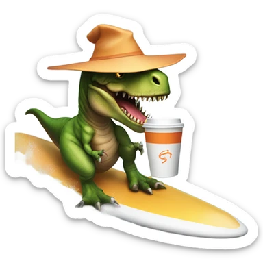 t-rex on a surf board wearing a witches hat holding a coffee sticker