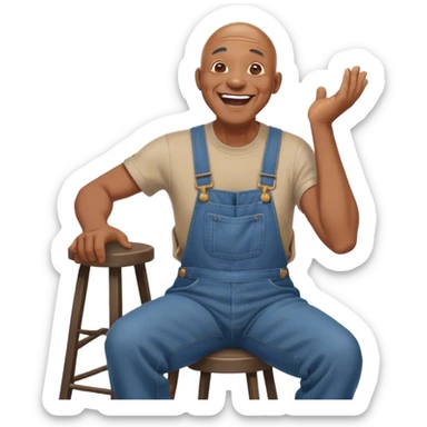 Side view Laughing hitelling storystarically Old bald black man sitting on stool wearing overalls sticker