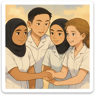 Four nursing students inspired by the faces in the reference photos, wearing complete white short-sleeved uniforms (arms visible), without stethoscopes, helping each other, in a warm and caring Ghibli style atmosphere with a soft and bright background. sticker