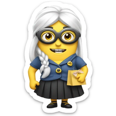 Despicable 4 character mega minion with a white hair bow and skirt, eyelashes, and shopping bags sticker