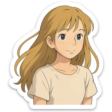 girl with long dirty blond hair, blue eyes, wearing a white top in ghibli style sticker
