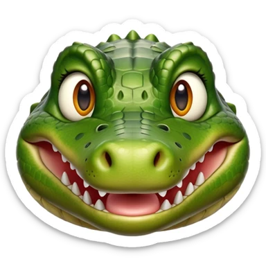 cinematic-realistic-cute-crocodile-portrait-emoji,-head-tilted-playfully-and-inquisitively,-featuring-a-robust,-well-defined-build-with-intricately-detailed,-glossy-olive-green-scales-and-a-surprisingly-endearing-face-with-round,-sparkling eyes sticker