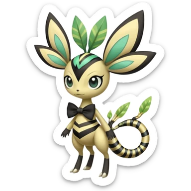 zig-zag-patterned tribal tropical hot spotted striped Meloetta-Celebi-Giratina-Noibat-Pokémon-Fakémon-fusion-hybrid-creature with a bow tie, bracelets, collars, necklaces  sticker