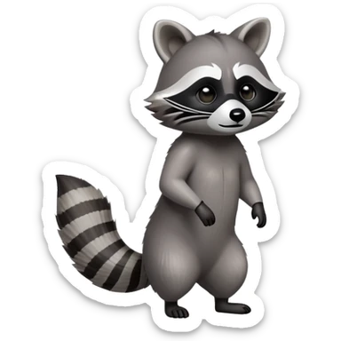 Cinematic-Raccoon-Realistic-Full-Body-Standing on all fours-Emoji – Tail flicking lazily, head tilted dramatically, thick grey fur with a signature black mask, sharp and alert ears, simplified yet realistic focused features, highly detailed, glowing with an almost sarcastic glow. sticker