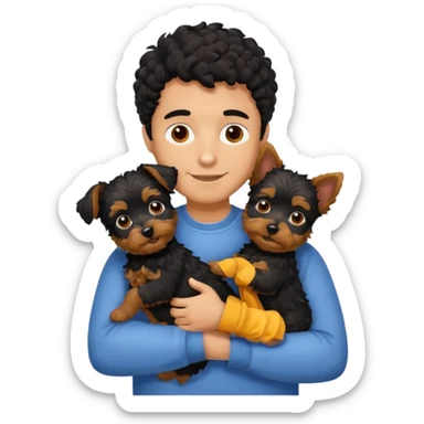 Young man with little brown skin, black curly hair, cheerful dark brown eyes, hugging two yorkie terrier  sticker