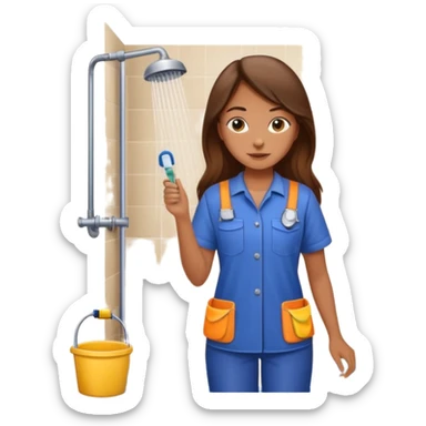 beautiful girl with long brown hair constructing new bathroom area with new shower and amenities  sticker
