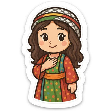 cartoon sticker of a Kurdish woman in traditional female clothing, hand on chest (salute) pose, gentle smile, colorful and cheerful, no text, suitable for WhatsApp and Instagram sticker