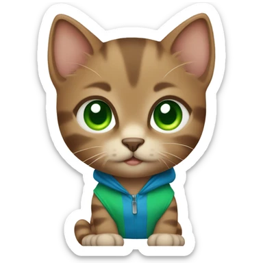 Small brown kitten with green eyes and blue clothes  sticker