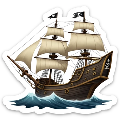 An icon representing an adventure game, inspired by high-seas exploration. The design features a fearless pirate gripping the wheel of a grand sailing ship, its tattered Jolly Roger flag billowing as it cuts through stormy waters. The scene evokes danger, treasure, and the thrill of the open sea. Transparent background. sticker