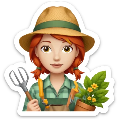 red hair gardener holding gardening tools, with hat sticker