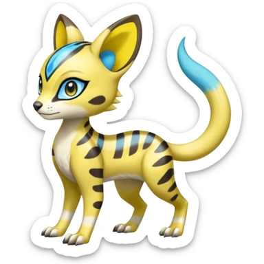 Colorful Yellow Meloetta-Sergal-Genet-Pokémon-Digimon-Fakémon-fusion-hybrid-creature with Cyan stripes and blue leopard-spot-markings  sticker