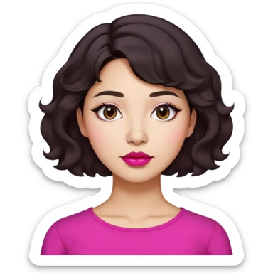 Latina woman, short wavy hair, dark brown, mid-neck, round nose, dark pink lips, Pinterest aesthetic, Korean-inspired sticker