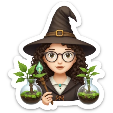 A long curly haired brunette girl with a witch hat, round white glasses, and a plant wand or plant potion terrarium sticker