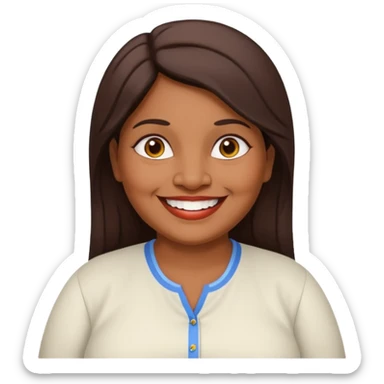 50 yr old chubby Sri Lankan woman, dark skin, straight brown hair, big smile, white teeth, european clothes, hair sticker