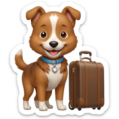A cheerful dog pulling a small rolling suitcase behind it. sticker