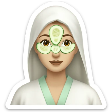 White girl with Brown hair and blue eyes wears a Green clay colored skincare textured mask and puts on cucumbers around her eyes while She relaxes in her white Robe sticker