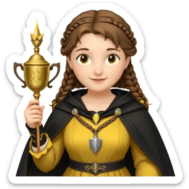 Helga Hufflepuff,the Hogwarts founder of Hufflepuff,brown-haired,2braids,yellow-black medieval dress with black cloak decorated with gold braiding,flickering magic wand and tiny two-handled shiny gold cup engraved with the badger silhouette,very kind smile,curvy busty sweet sticker