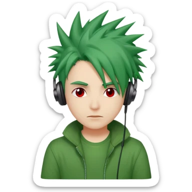 chico pelo medio largo ojos rojos y una camisa verde pelo tipo spike y unos audifonos sticker