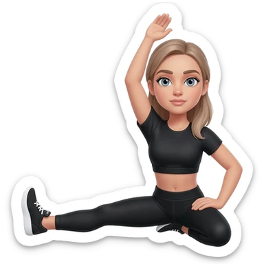 standing quad stretch holding one foot, fair-skinned woman, gray-blue eyes, ash brown brows, ash light brown hair tied back, slim athletic body, black workout set, black sneakers with white soles sticker
