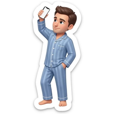 guy in pajamas standing holding up his phone up high and in front of him to show the camera his entire body. have him at a slight angle and looking at the phone. holding the phone vertically. holding it as  high up as he can and angled dwon to point at him sticker