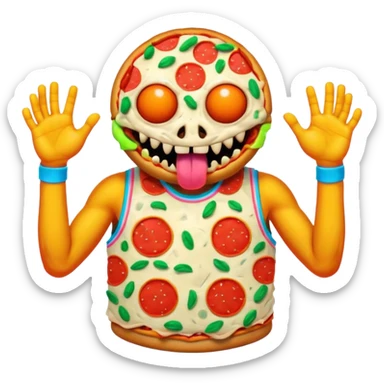 a glitch abomination with hands for a head, a baskeball stomach, pizza eyes sticker