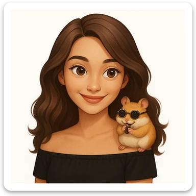 Add a cheeky, adorable hamster perched playfully on her shoulder. The hamster is wearing tiny round sunglasses and munching on a seed. The woman and her hamster are sharing a fun, carefree moment together, radiating warmth and joy. Keep the modern, clean, warm style. sticker