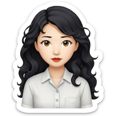 Asian woman, black hair, long permed wavy hair, white button-up shirt, flat colors, transparent background, black eyes sticker