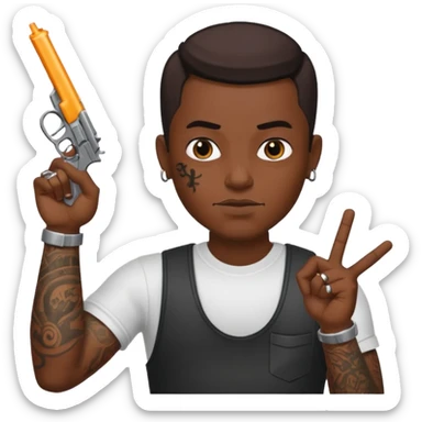 A blood gang member tattooed everywhere throwing up b with his hand pointing a gun at me with other hand  sticker