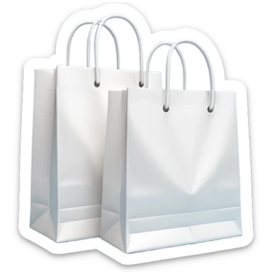 A 3D emoji of two white paper shopping bags, one large and one small, standing next to each other. Soft studio lighting, smooth 3D rendering, claymorphism style, minimalist design, cute, high resolution, isolated on a white background. sticker