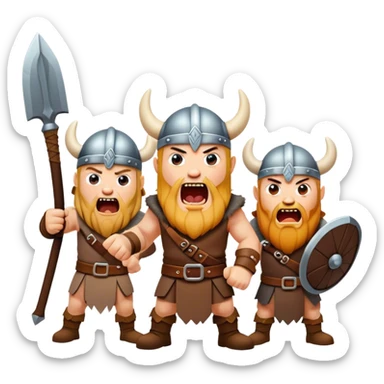 three different Vikings scream, weapons in their hands, realistic sticker