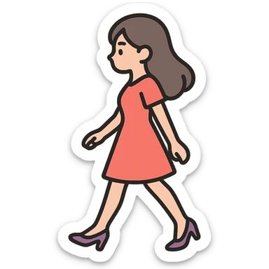A girl walking from left to right, side view, wearing a red dress and high heels, eastern style, thin clean outlines, soft rounded shapes, detailed drawing with shadows and highlights, pastel palette #98B5BC, #B5B3C1, #C9A3C9, #E4C0CA, #F7DCD1, #F7C0AA, modern Japanese pop art, soft lighting, transparent background, no extra decoration, focus on movement and elegance sticker