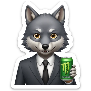 wolf in business suit, holding one monster energy can, with brown eyes  sticker