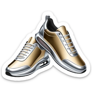 A pair of futuristic sneakers emoji made of silver chrome, sleek streetwear design, smooth metallic panels, subtle reflections, luxury swag aesthetic, iOS emoji style, centered, clean white background sticker