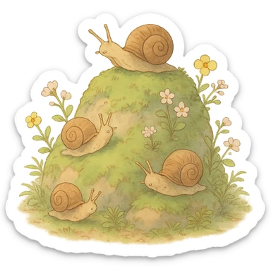 mossy rock with snails and small flowers in earthy pastel colors, ghibli style sticker