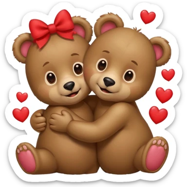 female bear with bow on her head and male bear hugging, couple, surrounded by hearts, playful and loving, cute, same height  sticker