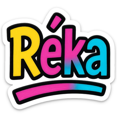Réka name in modern colorful gradient font with dark outline, dynamic slanted or partial underline, transparent background, in the style of reference patterns sticker