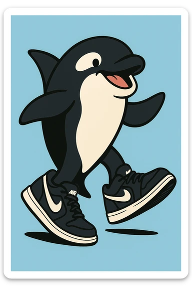 full body playful orca wearing black and white Nike sneakers, focus on shoes, modern illustration style, clean background sticker