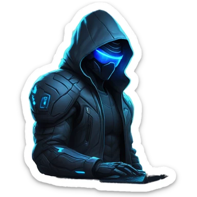 Hacker behind his laptop with this style : crysis Cyberpunk Valorant neon glowing bright blue character blue black hooded assassin themed character sticker