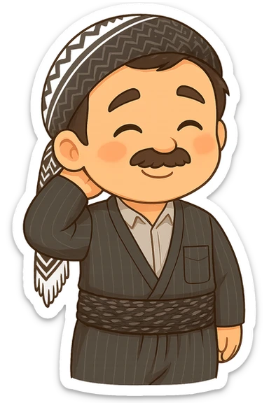 Cartoon sticker of a Kurdish man with the same clothes and scarf as the reference image, no changes to clothes or scarf, face showing a shy expression, one hand behind the head and a shy smile, colorful and cheerful, no shadows or color halos around the image, no text, suitable for WhatsApp and Instagram, fully transparent background. sticker