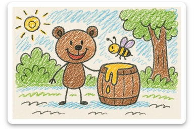 cheerful cartoon scene of a smiling brown bear standing beside a wooden honey barrel with honey dripping out, bright forest with green bushes, large tree, blue sky, a bee flying near the barrel, bold outlined playful style, suitable for children's illustration sticker