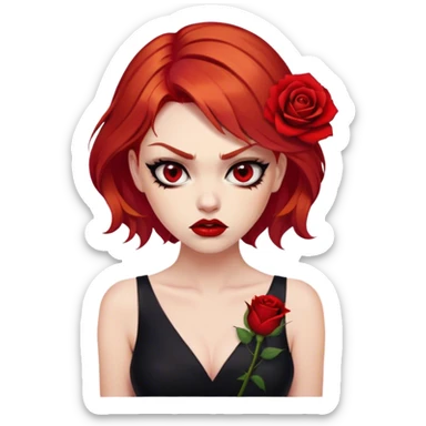 a beautiful very angry woman with red hair and red eyes. The woman wear a black little cutted dress. She have red lipstick and she have a seductive look. She have a rose flower in her hair. Angry face sticker