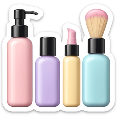 emoji of three different beauty products, with brand labels, minimalistic but luxury design (realistic), pastel colors sticker