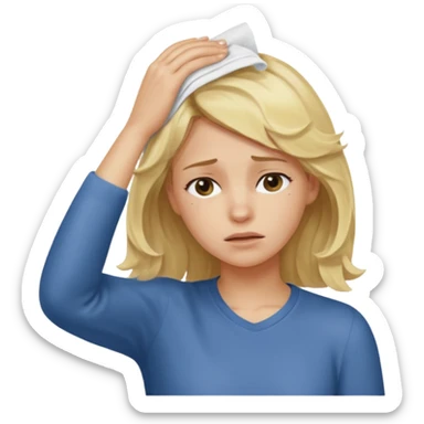 tired blond girl with lightly wavy hair, wipes away sweats from the forehead sticker
