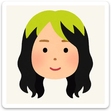 Create a cartoon face inspired by the first reference image of Billie Eilish, focusing only on the face with no neck or body. Render it in the style of the second reference image, which is the Irasutoya style. Use soft colors, round features, and a gentle expression. Include Billie Eilish's signature neon green and black hair. The style should reflect the simple, clean, and friendly look of Irasutoya illustrations. sticker