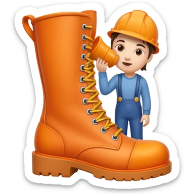 Person licking a large orange work boot sticker