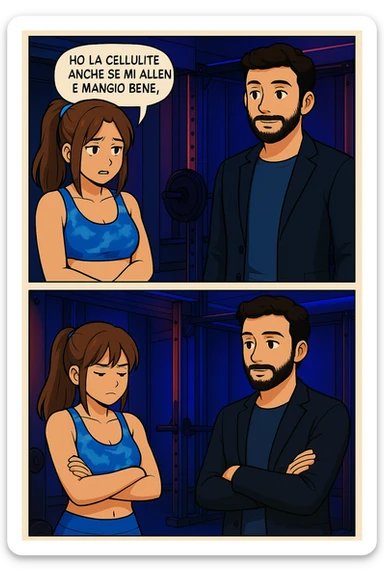 PRENDI SPUNTO DA QUESTO STILE E FAI SOLO IL PRIMO FUMETTO DETTO DA LEI, TUTTI GLI ALTRI DIALOGHI LI FA LUI:

LEI: Ho la cellulite anche se mi alleno e mangio bene, cosa posso fare?

LUI: Hai controllato il tuo baricentro corporeo?
LUI: Sapevi che se il peso del tuo corpo cade in avanti o da un lato, c’è un disallineamento fra bacino e torace, che comprimendo le coste, limita la motilità del diaframma e l’ossigenazione dei tessuti?
LUI: Il mio è il primo e unico percorso che lavora sugli inestetismi con un lavoro mirato sul baricentro corporeo. sticker