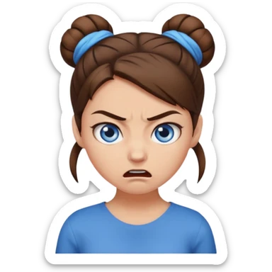 Girl with blue eyes, brown hair in a bun, angry sticker