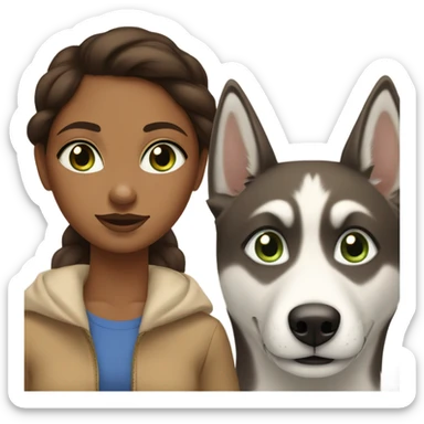 Brown girl with blue eyes next to a female Husky beige golden with green eyes sticker