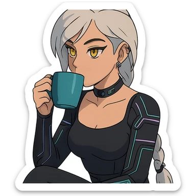  she is sipping a delicious tea drink, a closeup portrait of young woman with gold yellow eyes, white hair, long braid, black off-shoulder top d-cup, punk gothic style, futuristic cyberwave cyberpunk, sitting position
 sticker
